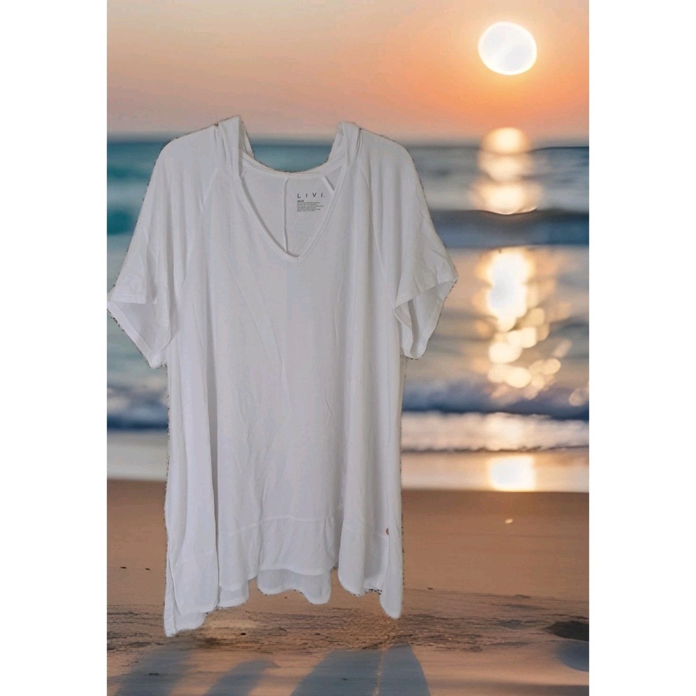 Livi Swim Suit Cover Up 26/28‎ White V-neck Hooded Stretch Knit Casual Poolside